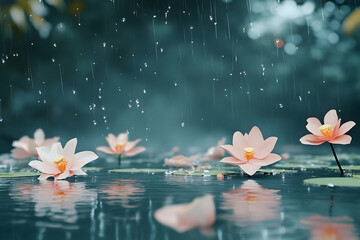 Poster - Peaceful lotus blossoms in a rainy pond.