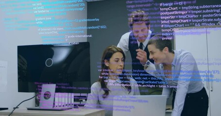 Poster - Team collaborating around desk with laptop in tech workspace, with code overlay driving design