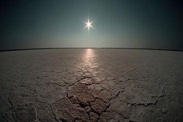 vast salt flat under a bright sun in a clear sky.