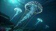 © Glory - Mesmerizing jellyfish gracefully floating underwater in a digital bioluminescent display captivating marine life featuring tranquil aquatic scenery with a futuristic glowing effect