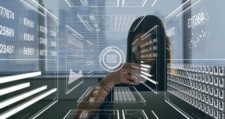 Poster - Woman holding coffee mug in modern office, analyzing floating holographic finance charts