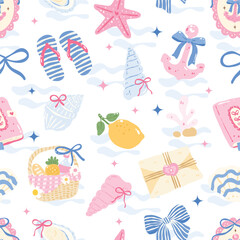 Coquette Nautical Summer Seamless Pattern with Shells, Bows, Anchor and Picnic Elements in Pastel Colors