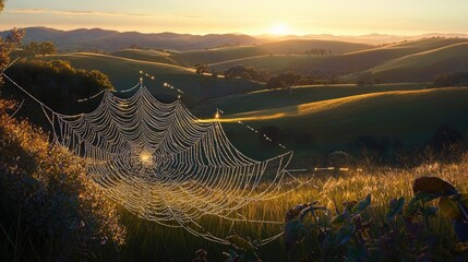 A sparkling dew-covered cobweb glistening in the early morning sunlight, set against rolling hills.