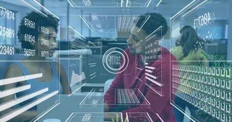 Poster - Data analyst reviewing data with data engineer in office, showing floating holographic charts