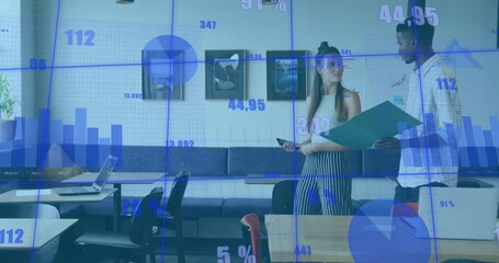 Poster - Male colleague holding folder and teen female using phone in business lounge with floating charts