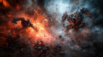 Poster - Epic battle of titans dystopian cityscape digital art dark environment dramatic perspective sci-fi concept