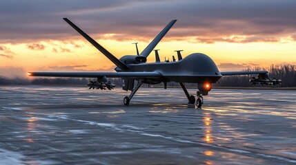 Poster - Drone operations in military training airfield photography sunset aerial view innovation in defense strategies