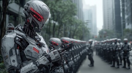 Aufkleber - Futuristic robot patrol urban city cinematic scene high-tech environment close-up perspective ai law enforcement