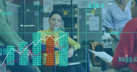 Poster - Mid adult woman leading business meeting in office, showcasing animated bar and line graphs overlay