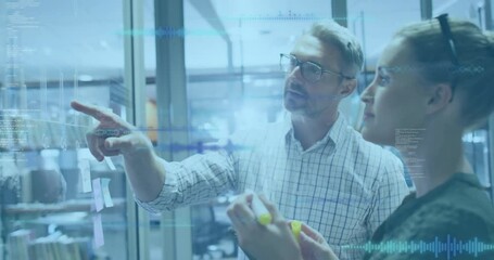 Poster - business team presenting strategy on glass wall with sticky notes, showing charts and code overlays