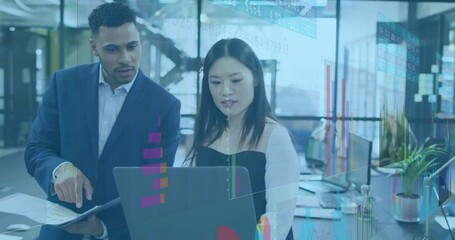 Poster - Male professional pointing at laptop while female professional reviewing business charts and graphs