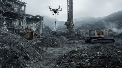 Poster - Drone operations in mining site industrial environment aerial photography technology perspective heavy machinery