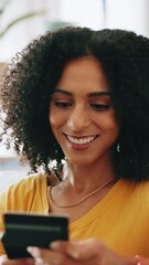 Aufkleber - Credit card, ecommerce and phone with woman on sofa in living room of home for online shopping. App, purchase and smile of happy customer in apartment for buying, mobile transaction or payment