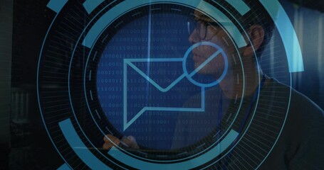 Poster - IT professional examining binary code and envelope icon with magnifier icon in technology hub