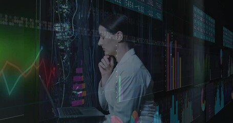 Poster - IT engineer analyzing data in server room, with animated line charts and cable overlays