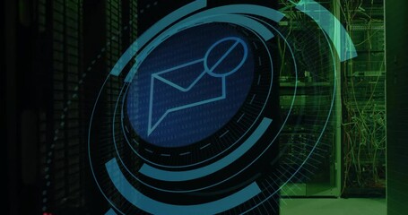 Poster - Holographic circular UI being visualized in data center, with envelope icon and magnifying glass
