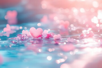 Aufkleber - Pink Hearts Floating on Blue Water Soft Pastel Background