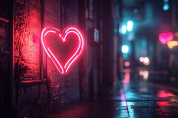 Aufkleber - Pink Neon Heart Glows on Wet City Street at Night