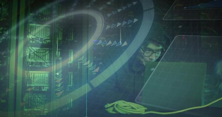Poster - IT technician monitoring cybersecurity on laptop in server room, displaying HUD graphics