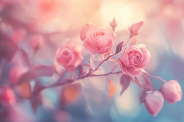 Aufkleber - Pink Roses in Soft Sunlight: Closeup of Delicate Blooms and Buds