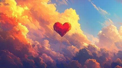 Aufkleber - Red Heart Shaped Balloon Ascending Through Colorful Sunset Clouds