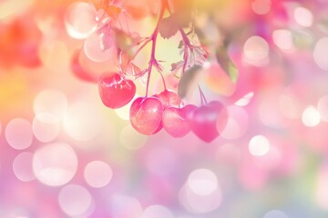 Poster - Ripe Red Cherries on Branch with Soft Pink Pastel Background
