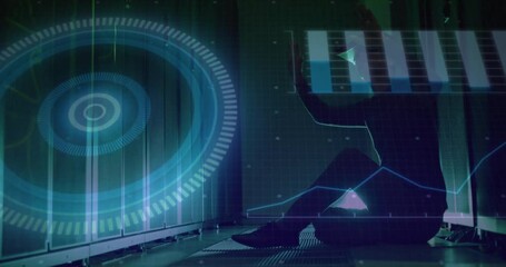 Poster - Male technician kneeling in server room, interacting with holographic bar charts and line graphs