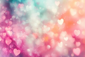 Poster - Romantic Pink Blue Orange Heart Bokeh Background
