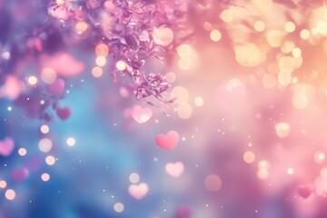 Poster - Romantic Pink Blue Purple Hearts Bokeh Background
