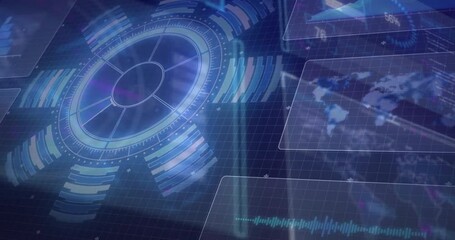 Poster - Digital hud displaying radial circle with segmented bars left side, floating panels and charts