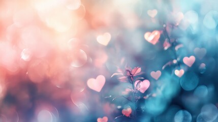 Poster - Soft Pink And Blue Heart Shaped Bokeh Background With Delicate Plant
