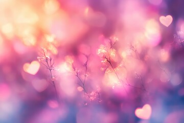 Poster - Soft Pink And Purple Floral Bokeh Background With Heart Shapes
