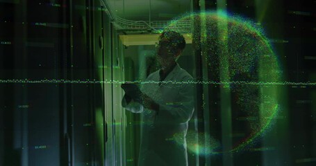 Poster - Seasoned IT technician scanning server racks in data center, showing green code and globe overlay