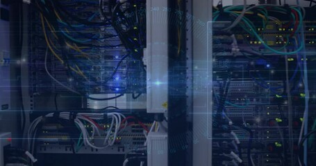 Poster - Network rack being animated in 3D render, showing blinking LEDs and HUD overlay elements