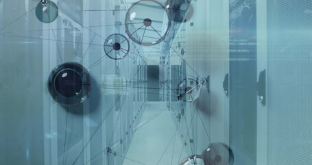 Poster - Server aisle showing digital network overlay in cool blue 3D render, featuring racks and nodes