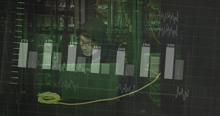 Poster - man analyzing data in technology server room, showing transparent bar charts, line graphs floating