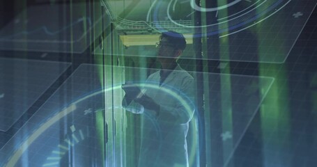 Poster - Data center engineer inspecting server racks with tablet, featuring floating tech network graphics