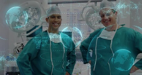 Poster - Two surgeons standing in operating room, displaying holographic health data visuals and cables