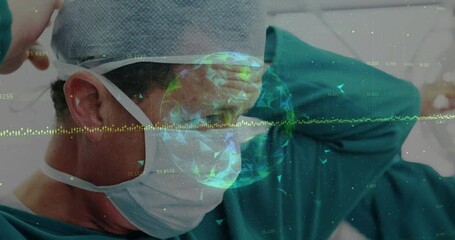 Poster - healthcare professional adjusting surgical mask in operating room, showcasing digital data globe