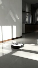Poster - Robot vacuum cleaner operating in a bright indoor space