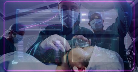 Poster - Healthcare team performing surgery in operating room, displaying line graphs and vital stats