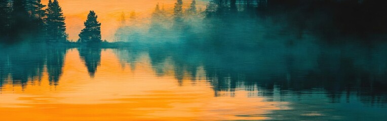 Poster - Tranquil lake reflecting a golden sunset and silhouetted pine trees in a serene, painterly landscape with gentle mist and a warm,