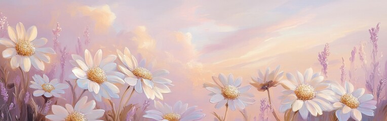 Aufkleber - Elegant daisies with champagne-colored petals and lavender stems in a pastel sunset backdrop painting