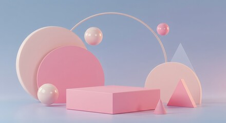 Poster - Display Podium with Geometric Shapes in Soft Pastel Colors