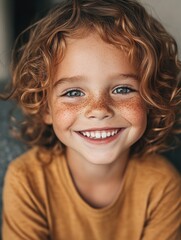 Poster - Joyful Youngster with Curly Hair Radiating Happiness in a Warm-Toned Portrait