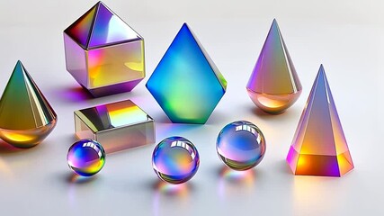 Poster - Iridescent geometric shapes on white background, 3D render, design element