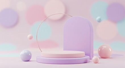 Poster - Product Display Podium with Pastel Color Spheres and Arches