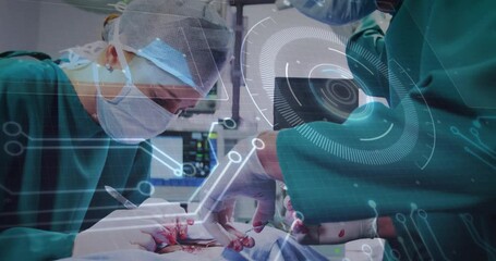 Poster - male surgeon making incision, surgical assistant holding forceps, with medical HUD overlay floating
