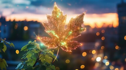 Poster - Leaf silhouette overlapping a tech-inspired HUD interface in low light