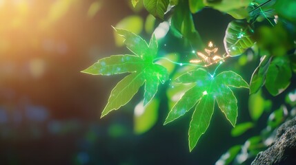 Poster - Leaf silhouette overlapping a tech-inspired HUD interface in low light